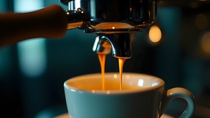 An extreme close-up of a perfect shot of espresso being pulled
