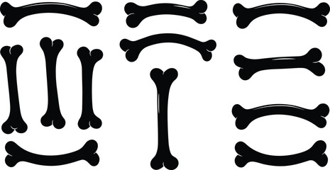 Black cartoon bone silhouette collection, vector illustration set of curved and straight bones for design, decoration, Halloween, pets, and anatomy projects.