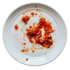 Dirty white plate with tomato sauce remnants isolated on transparent background