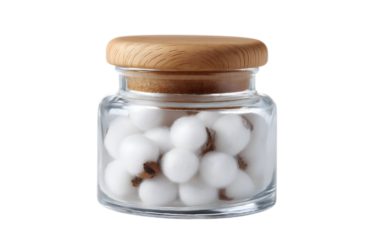 jar full of cotton balls with wooden lid isolated on white background