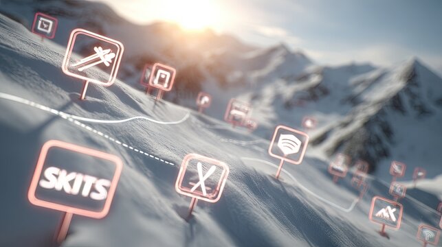 Digital augmented reality interface with glowing icons over snowy alpine slopes, futuristic technology concept blending winter sport and smart navigation
