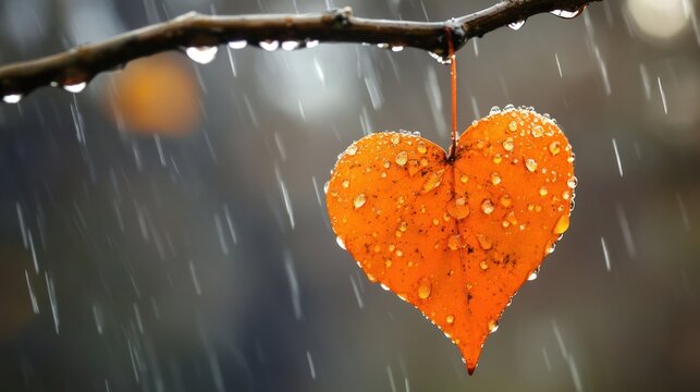 Heart-shaped autumn leaf in rain; nature's beauty; tranquil scene; perfect for backgrounds or nature themes