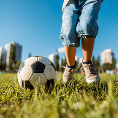 Fototapeta premium A child playing with a soccer ball in the park, casual sports activity, green grass and blue sky