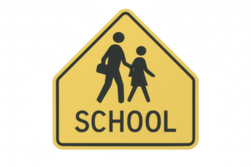School safety warning sign showing students crossing street, yellow graphic alerting drivers to pedestrian presence near educational campus