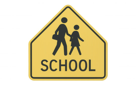 School safety warning sign showing students crossing street, yellow graphic alerting drivers to pedestrian presence near educational campus