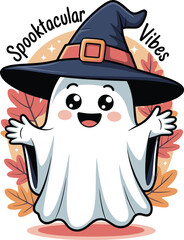 Adorable Halloween ghost cartoon with witch hat, kawaii style, starry background, cute spooky design, fun kids Halloween illustration
