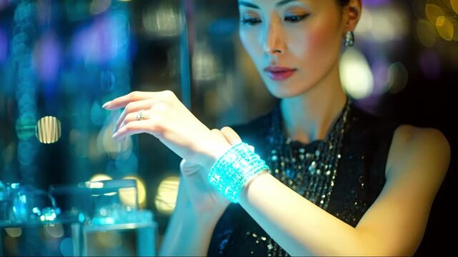 AI Empowered Micro Jobs: Elegant Woman Engaging with Futuristic Wearable Technology for Seamless Connectivity