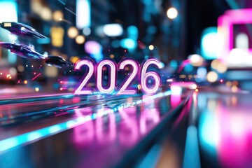 Fototapeta premium Futuristic neon 2026 sign in vibrant urban nightscape with blurred lights