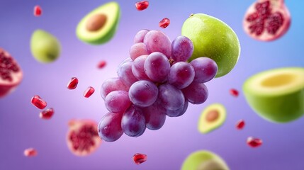 Naklejka premium Dynamic splash of grapes avocado and pomegranate seeds studio food photography colorful high angle view fresh ingredients