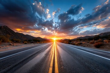 Empty desert highway at sunset with dramatic clouds