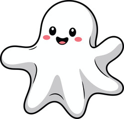 Adorable kawaii ghost cartoon character, happy expression, cute Halloween design, spooky fun illustration, minimal ghost art for kids, vector