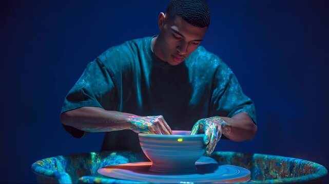 AI Empowered Micro Jobs: Young Artisan Skillfully Creating Modern Pottery with Futuristic Glowing Hands on a Wheel