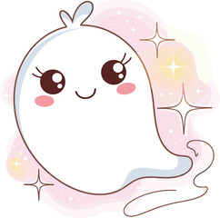 Adorable kawaii ghost cartoon with sparkling stars, cute Halloween character, pastel color style, joyful spooky illustration for kids, vector art