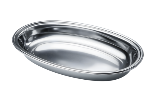 stainless steel oval tray for food service preparation isolated on white background