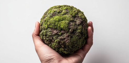 A hand holds a spherical object covered in moss.  The object appears like a miniature, textured globe,  dark brown/gray underneath a layer of vibrant green moss