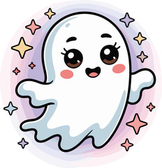 Obraz premium Adorable kawaii ghost cartoon with sparkling stars, cute Halloween character, pastel color style, joyful spooky illustration for kids, vector art