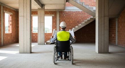 Rear view of architect in wheelchair reviewing blueprints in unfinished building, showcasing accessibility and inclusivity in construction