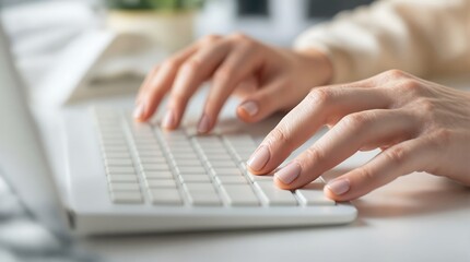 Typing on laptop keyboard close up hands working from home office business technology computer device work