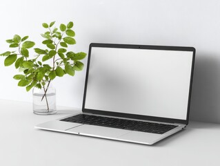 Laptop with empty screen on table with plants and cup. Great for home office, it offers a serene work feel. Suitable for creative tasks.
