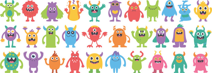 Colorful cartoon monster collection, cute fantasy creatures, kids sticker set, playful alien characters, fun Halloween monsters, vibrant vector illustration