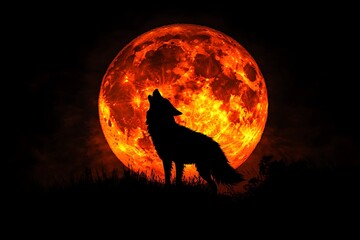 Wolf howling at red moon silhouette dark night animal fantasy art
