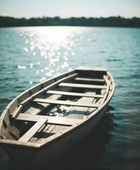 Naklejka premium Serene Wooden Boat Gently Floating on Calm Lake Water in Bright Sunlight