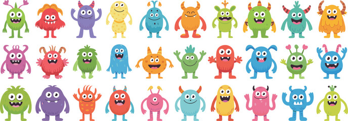 Colorful cartoon monster collection, cute fantasy creatures, kids sticker set, playful alien characters, fun Halloween monsters, vibrant vector illustration