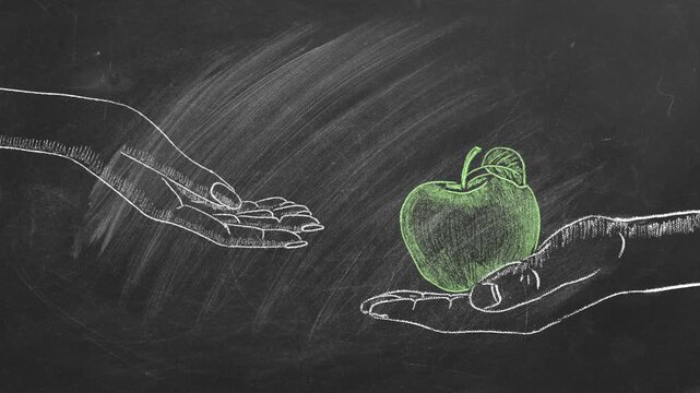 The biblical scene: Eve gives Adam the apple. Chalk drawing illustration