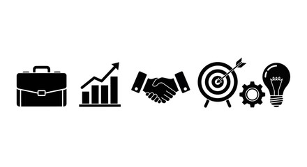 Obraz premium Business success icons briefcase charts handshake target gear lightbulb symbolizing growth partnership goals innovation and strategy