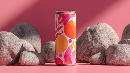 Vibrant Energy Drink Can Amidst Stone Landscape, Pink Backdrop, Studio Lighting.