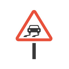 Naklejka premium Slippery Road Warning Sign: A red triangular warning sign with a black car symbol conveys a message of caution about a hazardous, slippery road ahead.