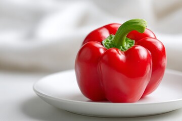 Vibrant red pepper on white ceramic plate culinary art food photography minimalist setting close-up perspective