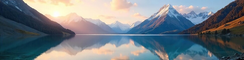 Fototapeta premium Awe-inspiring vista of a pristine, snow-capped mountain range reflecting in a crystal-clear lake at sunrise The untouched landscape evokes a sense of wonder and tranquility , range, horizon