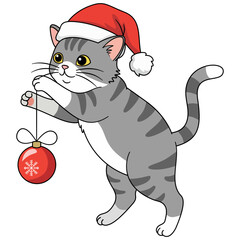 Cat in a Christmas hat. Christmas cat with Santa Claus hat Cartoon Vector Illustration isolated