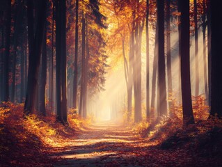 Fototapeta premium Forest path in autumn with sun rays shining through trees; eye-level perspective of nature trail in woods