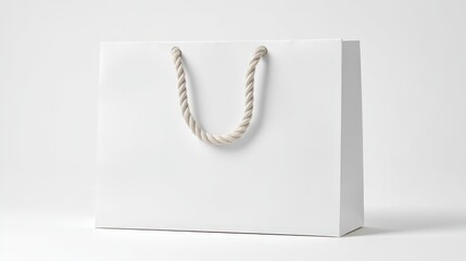 A Blank White Paper Gift Bag with Cream Rope Handles on a White Background Ideal for Mockups and Branding Designs