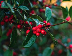 Red berries on wet leaves