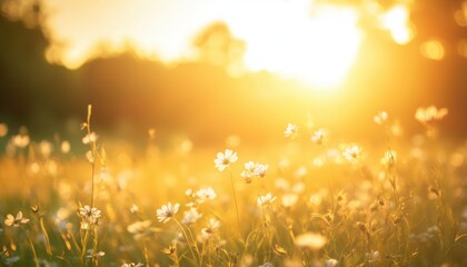 Obraz premium Tranquil Spring Summer Meadow: Dreamlike Soft Focus Sun Field With White Flowers And Grass, In Warm Golden Hour Sunrise Bokeh. Closeup Of Abstract Blurred Forest.