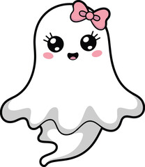 Cute kawaii ghost girl with pink bow, cartoon Halloween character, adorable smiling ghost illustration, pastel spooky design, kids clipart