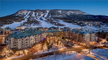 Luxury ski resort town illuminated at dusk with snowy mountain slopes in background, elegant alpine destination blending winter sport and festive lifestyle
