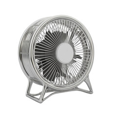 Compact, round, metallic fan with a clear plastic base