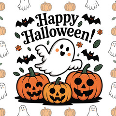 Happy birthday ghost illustration, cute Halloween card, pumpkins and bats, spooky celebration design, ghost with wings, festive fall theme artwork
