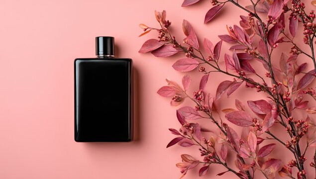 Black perfume bottle on pink background with autumnal leaves