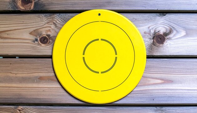 Yellow circular object with concentric rings, mounted on wood