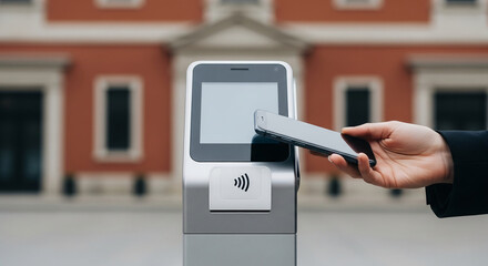 Hand using smartphone for contactless payment at outdoor terminal against blurred building background Showcase of modern mobile payment technology