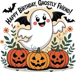 Happy birthday ghost illustration, cute Halloween card, pumpkins and bats, spooky celebration design, ghost with wings, festive fall theme artwork