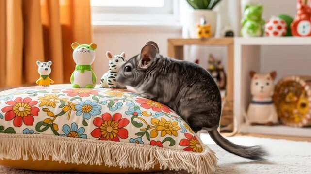 Cute chinchilla with gray fur on colorful cushion, toys on display behind the animal, home interior, pet lifestyle, animal portrait, fluffy tail.