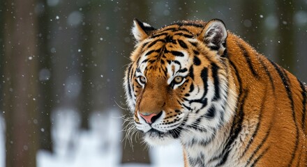 A tiger stares ahead in a snowy landscape its orange fur contrasted by black stripes and the white snow