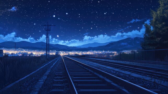 Starry night train tracks through city landscape
