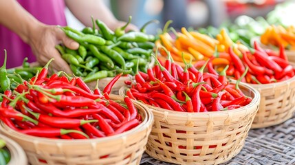 A basket of red peppers is next to a basket of green peppers